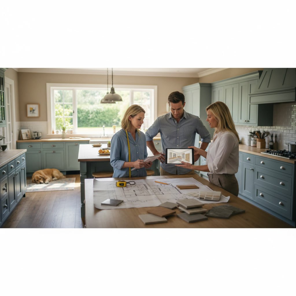 Kitchen design consultation with contractor reviewing layout plans and material samples