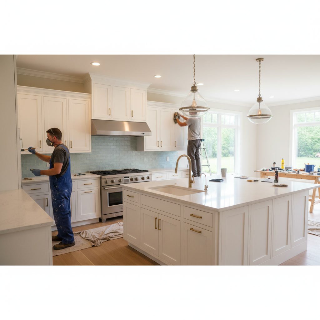 Kitchen construction showing cabinet installation and countertop preparation