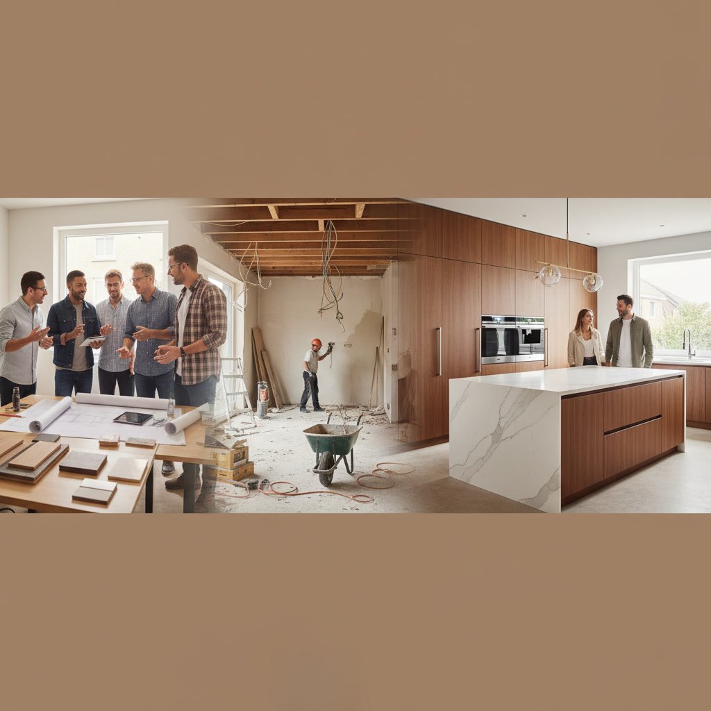 Modern kitchen remodel showing design layout and construction process from start to finish