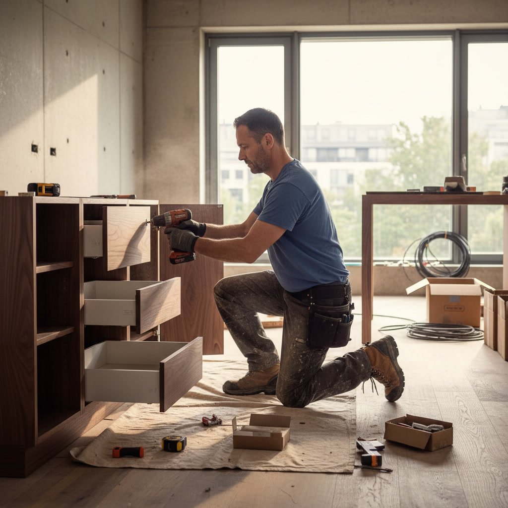 Contractor installing custom kitchen cabinets during home remodeling project in Aurora