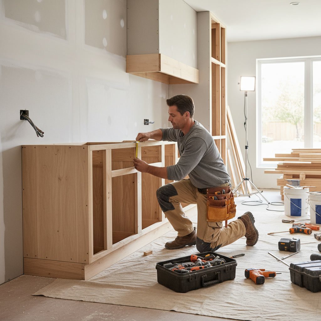 Contractor measuring cabinet frame during kitchen remodel in Westminster home