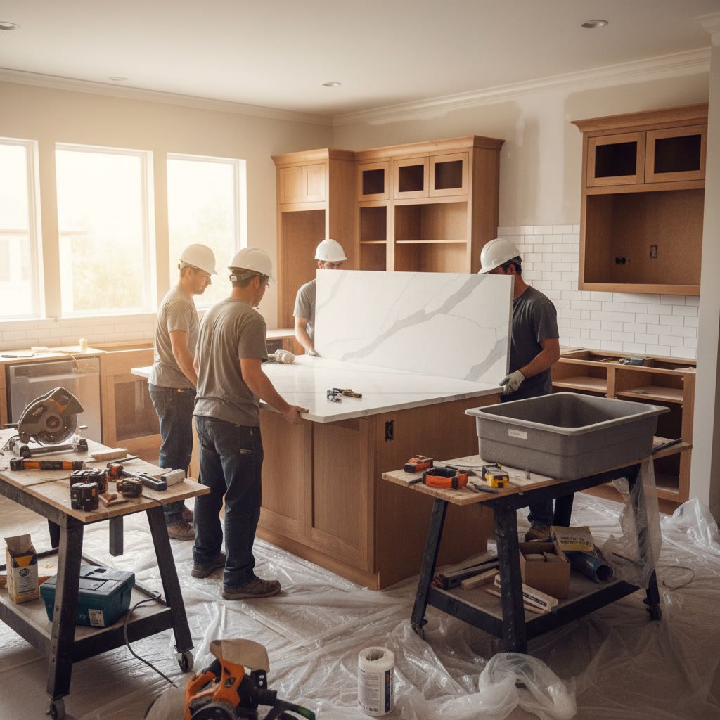 Professional team measuring and templating kitchen countertops before installation