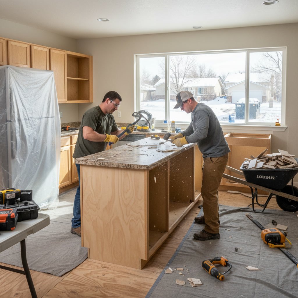 Granite slab being carefully positioned and leveled on kitchen cabinets