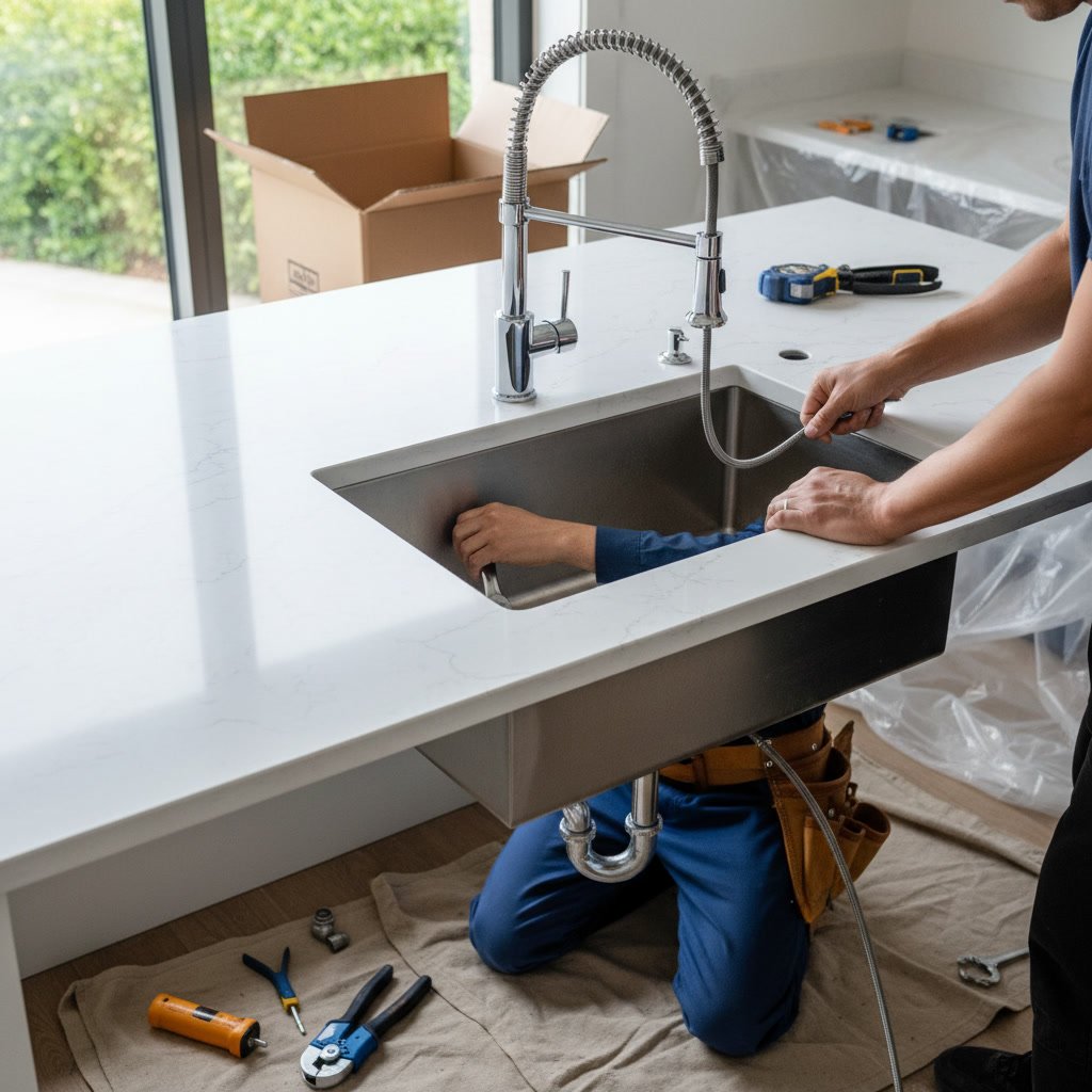 Installer sealing edges and seams of newly installed kitchen countertop