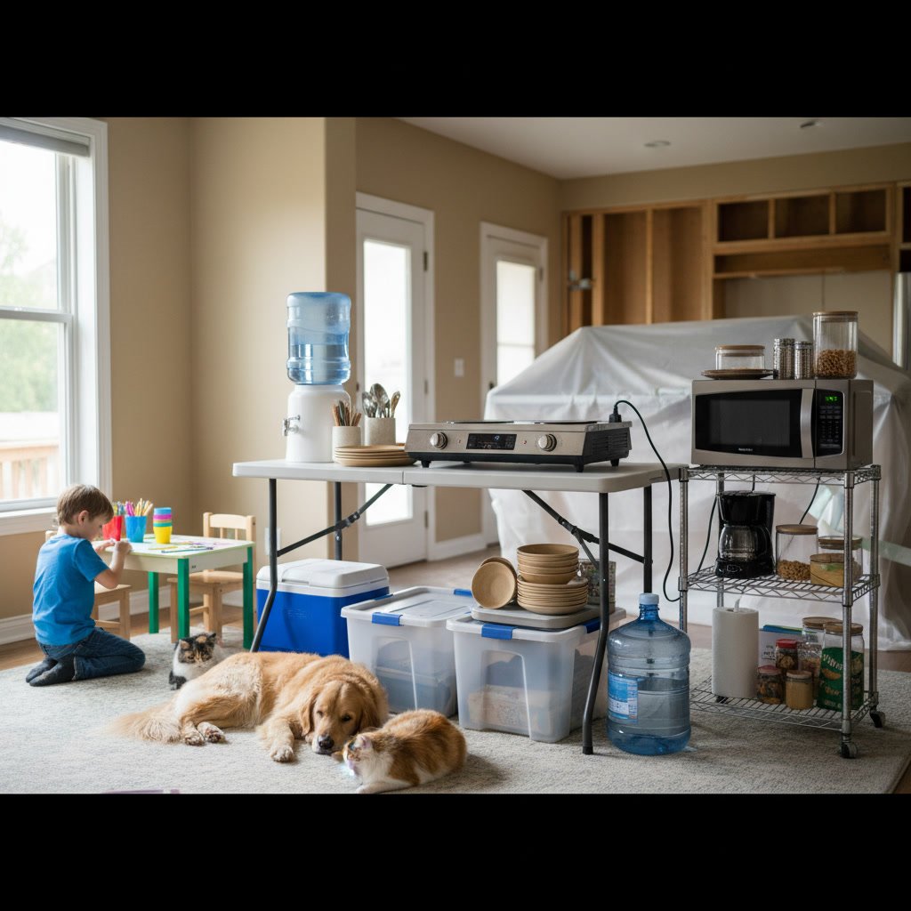 Temporary kitchen setup during remodel with children and pets