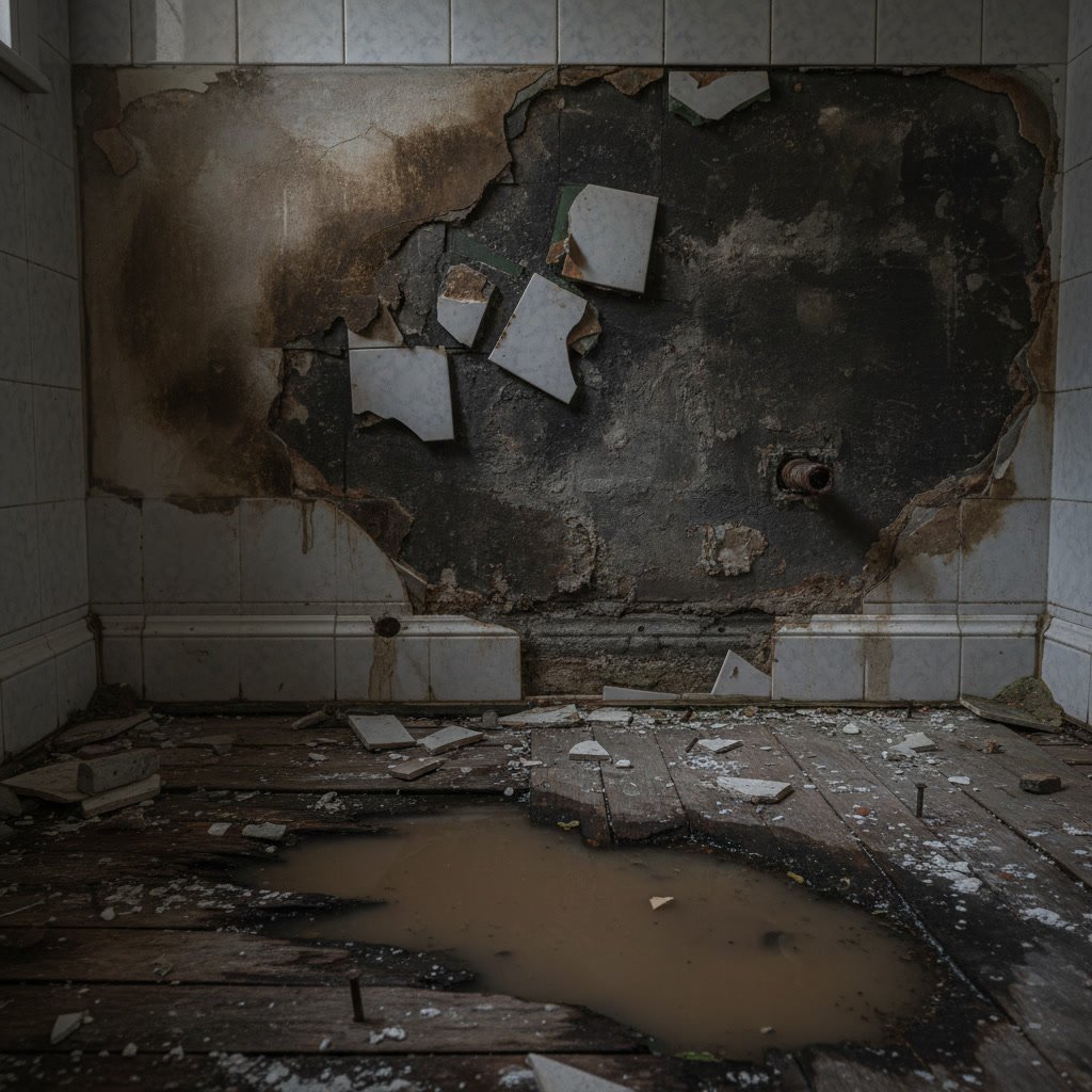 Water-damaged bathroom subfloor and wall framing requiring full remodel