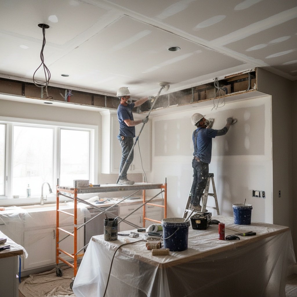 Patched and painted ceiling after kitchen soffit removal showing smooth finish