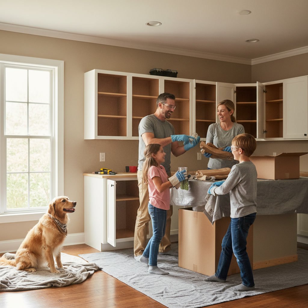 Family preparing home for kitchen renovation with safety measures