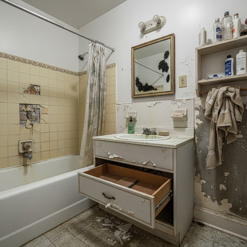 Outdated bathroom with cracked tile and worn fixtures needing renovation