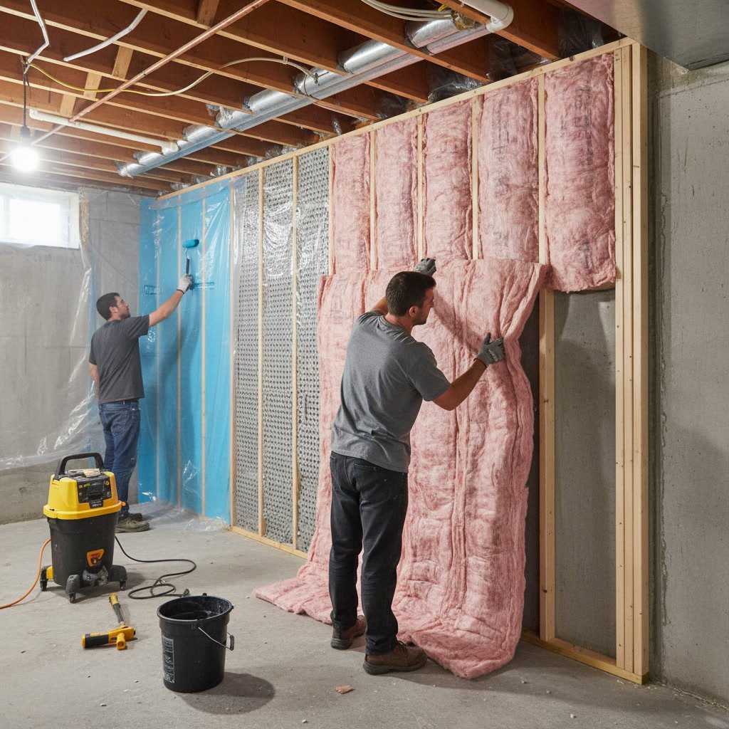 Basement drywall installation and taping process with joint compound
