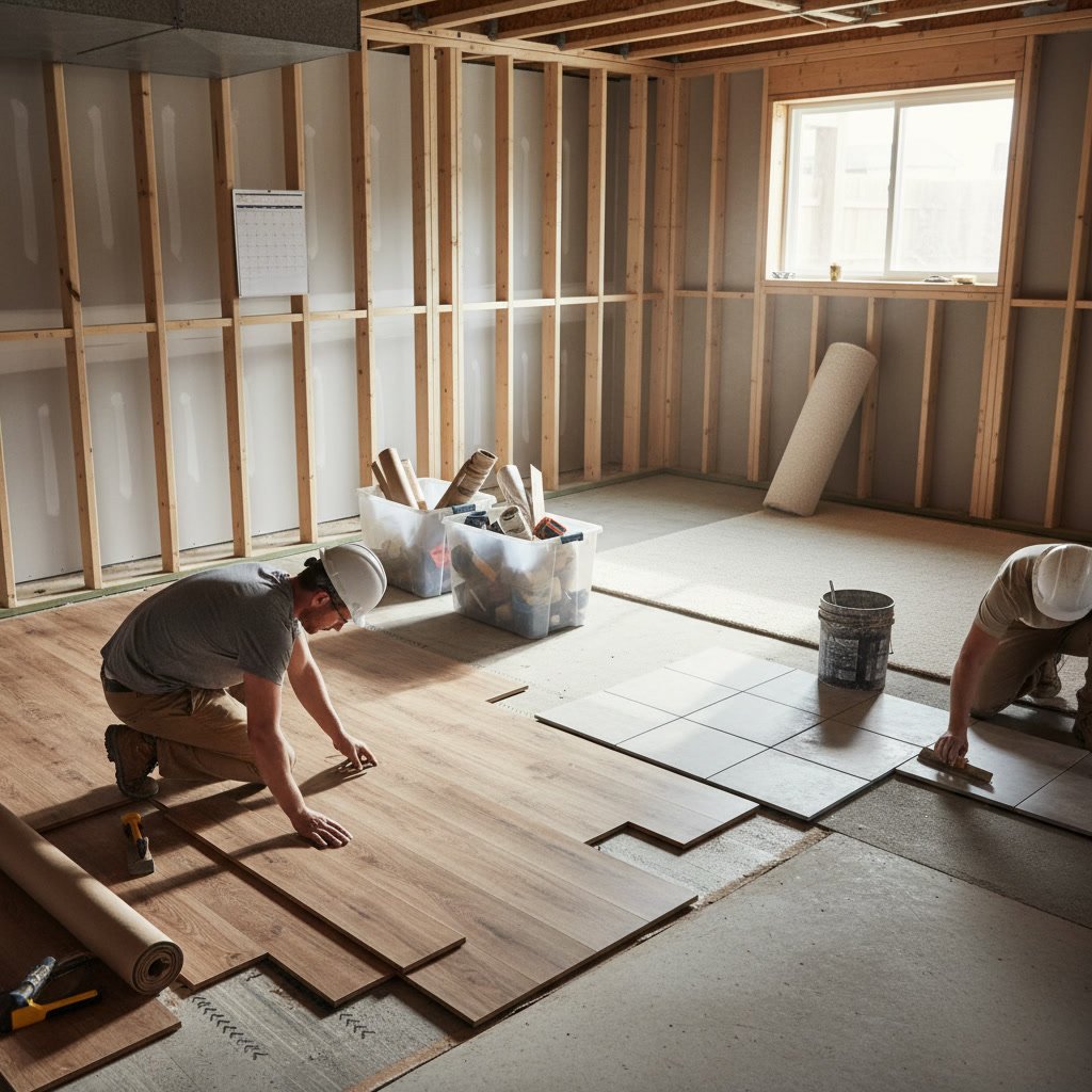 Completed basement living space with flooring, lighting, and finished walls
