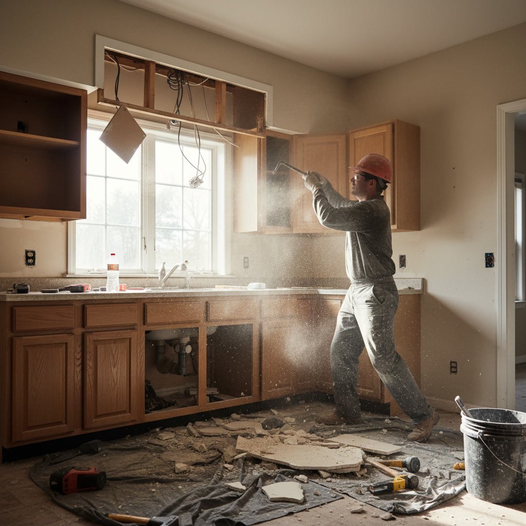 Kitchen with exposed soffit before remodel showing dated design and wasted vertical space