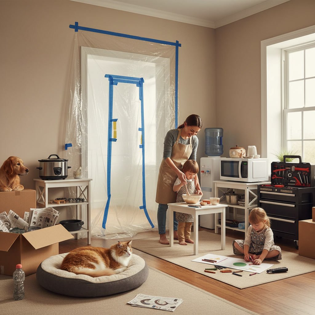 Family home prepared for kitchen remodel with kids and pets