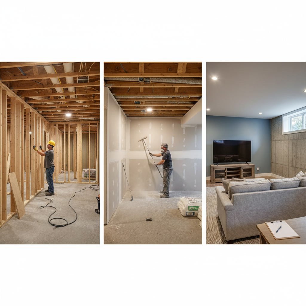 Modern finished basement with open floor plan and recessed lighting in Denver home